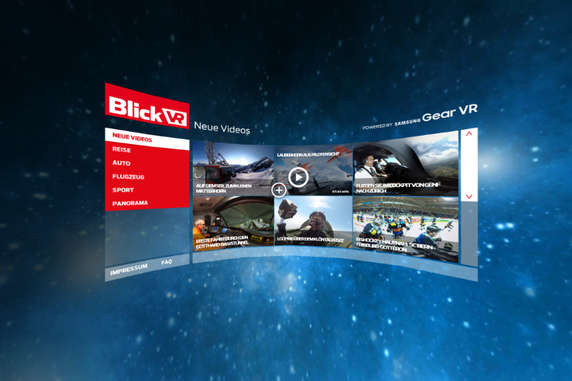 BlickVR präsentiert einzigartige Einblicke mit 360-Grad-Videos aus ausgewählten Bereichen wie Flugzeug, Sport, Reise, Auto oder Panorama. Hier Übersicht auf Samsung Gear VR.