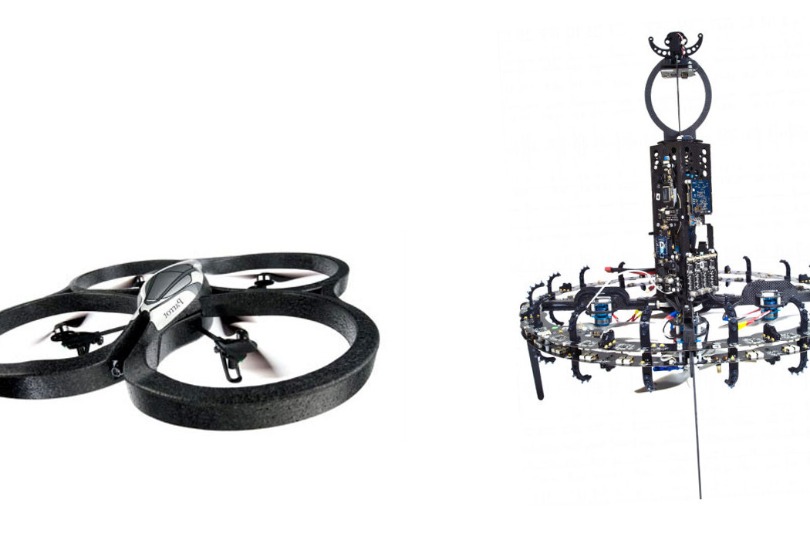 Die Flugroboter, die zur Überwachung eingesetzt werden: Die kommerziell erhältliche AR.Drone (links) und der Augenboter (rechts), die vom EPFL-Labor für intelligente Systeme entwickelt wurden.
