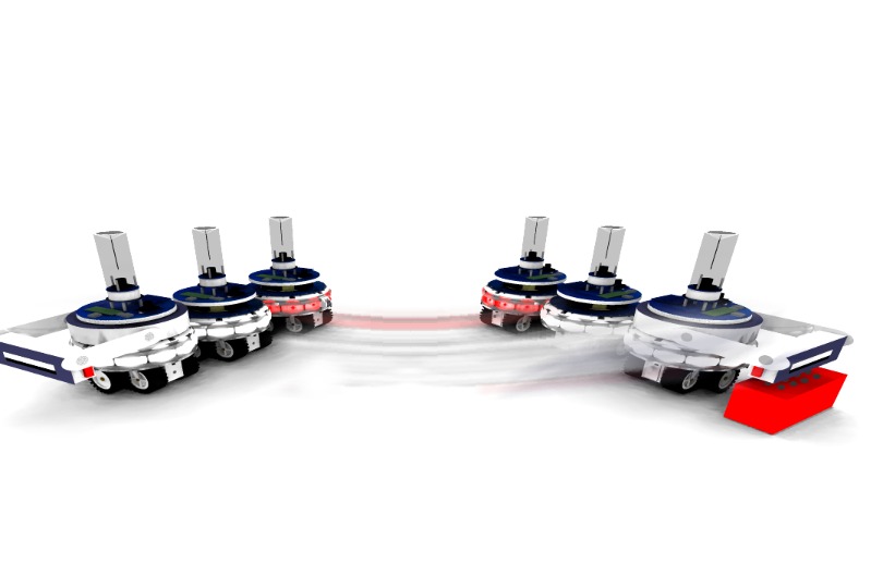An illustration showing coordinated motion (from left to right) of a three-unit MNS robot. The brain unit (in red) synchronizes the spatial and temporal actuator coordination of the robot in order to exploit object lifting capabilities available to a single robotic unit (the robots in the illustration are rendered 3D models).